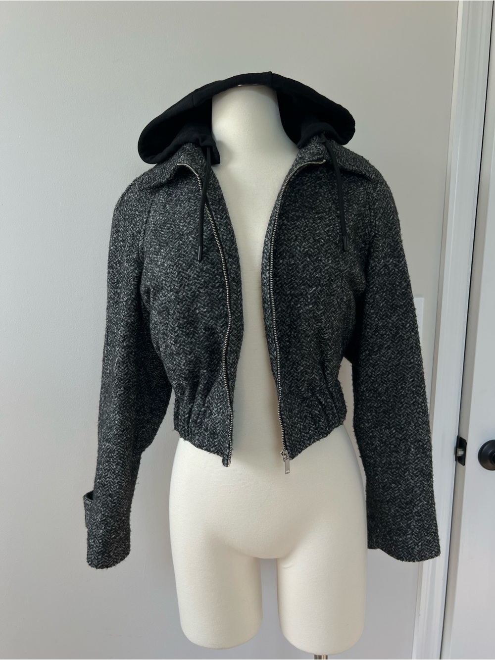Zara Charcoal Tweed Hooded Cropped Bomber Jacket